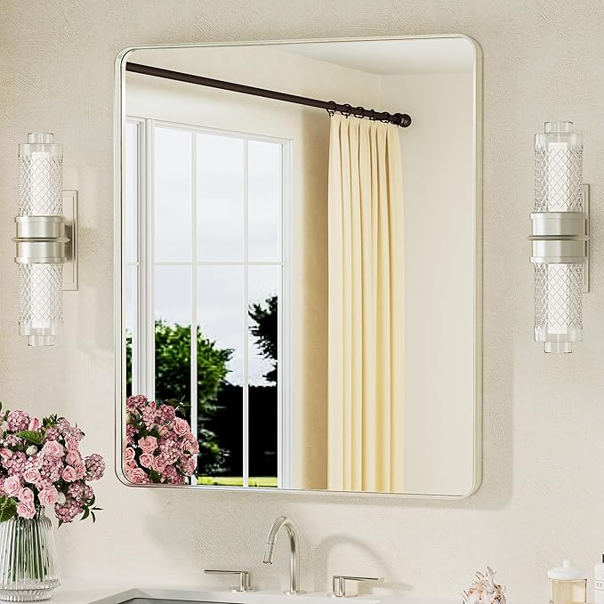 TETOTE Brushed Nickel Bathroom Mirror 30 x 36 Brushed Nickel Metal Framed Bathroom Mirror, Tempered Glass, Modern Farmhouse Wall Mounted Mirror for Decorative(Horizontal/Vertical)
