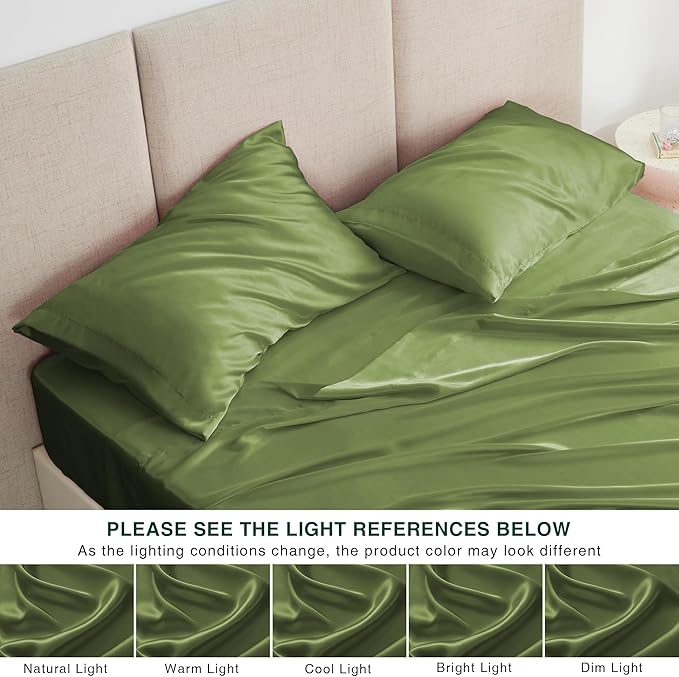 Love's cabin Satin King Sheet Sets - 4 Piece Sage Silky Sheets King Size Bed Set with Deep Pocket, Luxury Silk Feel King Size Satin Sheet Set (1 Flat Sheet,1 Fitted Sheet,2 Pillow Cases)