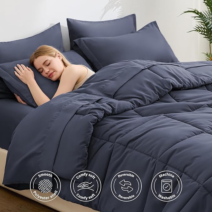 Love's cabin Full Comforter Set Indigo Blue, 7 Pieces Full Bed in a Bag, All Season Bedding Sets with 1 Comforter, 1 Flat Sheet, 1 Fitted Sheet, 2 Pillowcase and 2 Pillow Sham