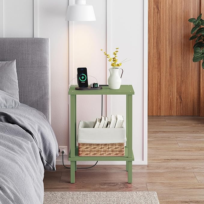 TUTOTAK End Table with Charging Station, Small Side Table with Outlets, Nightstand Bedside Table, 2-Tier Storage Shelf for Small Space, Living Room, Bedroom, Olive Green TB01BOG040