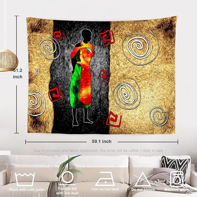 Batmerry African Ethnic Retro Tapestry,Vintage Motive Oil Landscape Fashion Wall Art Hanging Decoration Polyester Fiber White Ruffled Around for Dorm Room Bedroom Living Room, 51.2x59.1 inches