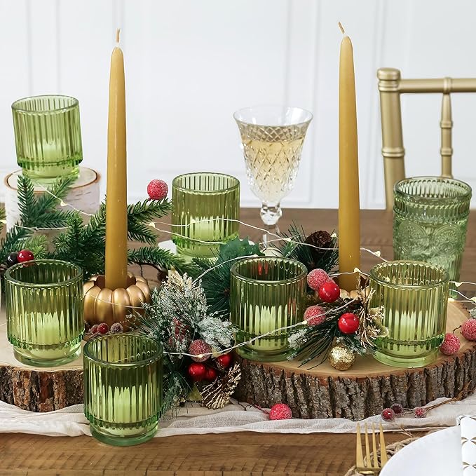 Kate Aspen Vintage Ribbed Glass Candle Holder Decor, Green Votive Candle Holders for Holiday Table Decor, Tealight Candles Holder Glass, Dinning & Christmas Table Decoration Tablescape (Pack of 36)