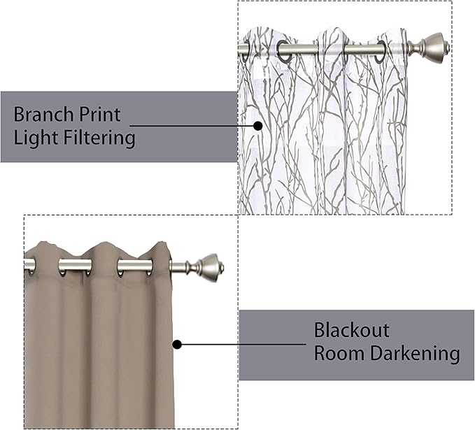 BONZER Mix and Match Curtains - 2 Pieces Branch Print Sheer Curtains and 2 Pieces Blackout Curtains for Bedroom Living Room Grommet Window Drapes, 37x95 Inch/Panel, Taupe, Set of 4 Panels