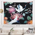 Batmerry Red Green Cranes Floral Leaves Tapestry, Traditional Japanese Watercolor Sytle Design Tapestry for Living Room Bedroom Wall Hanging Decorative 59.1x82.7 Inch