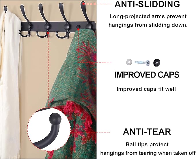 Dseap Coat Rack Wall Mounted - 5 Tri Hooks, Heavy Duty, Stainless Steel, Metal Coat Hook Rail for Coat Hat Towel Purse Robes Mudroom Bathroom Entryway, Green