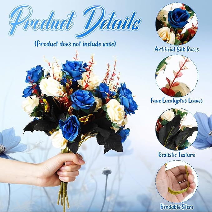 Hotop 12 Bunches of Artificial Flowers Centerpiece 13 Inches Silk Faux Roses Bouquets for Table Decoration Realistic Bouquet Arrangement Boho Faux Flowers for Wedding (Dark Blue)