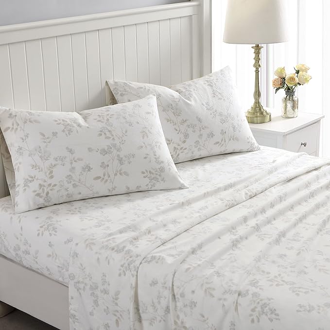 Laura Ashley - Flannel Sheets Full Size, Anti-Pilling & Wrinkle Resistant Cotton, Touchably Soft for All-Season Comfort - Bed Sheets with Matching Pillowcases & Fitted Sheet (Fawna Grey)
