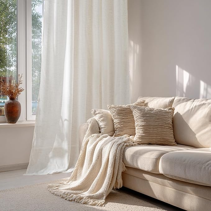 RYB HOME Ivory Sheer Curtains for Living Room, Linen Blend Filter Sunlight Glare Vertical Luxury for Bedroom Dining Office Window, Rod Pocket & Back Tab, W52 x L90, 2 Panels