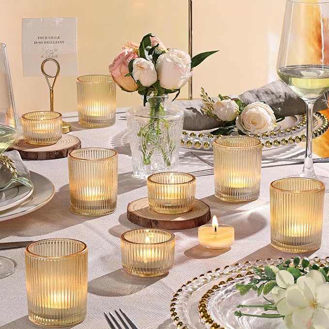 10pcs Ribbed Gold Votive Candle Holders, Assorted Glass Tea Light Candle Holders for Wedding Centerpieces, Brithday, Party and Holiday Decorations