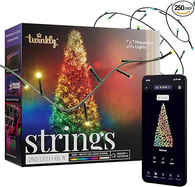 Twinkly App-Controlled 65.6ft Smart String LED Lights with 250 RGB+W LEDs - WiFi & Bluetooth Connectivity, Sync with Music, Indoor/Outdoor Use (IP44), Compatible with Google Assistant & Amazon Alexa