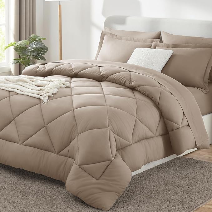CozyLux Full Size Comforter Sets Khaki - 7 Pieces Bed in a Bag Full, Luxury Soft Bed Set for All Seasons, Bedding Set with Down Alternative Comforter, Sheets, Pillowcases & Shams