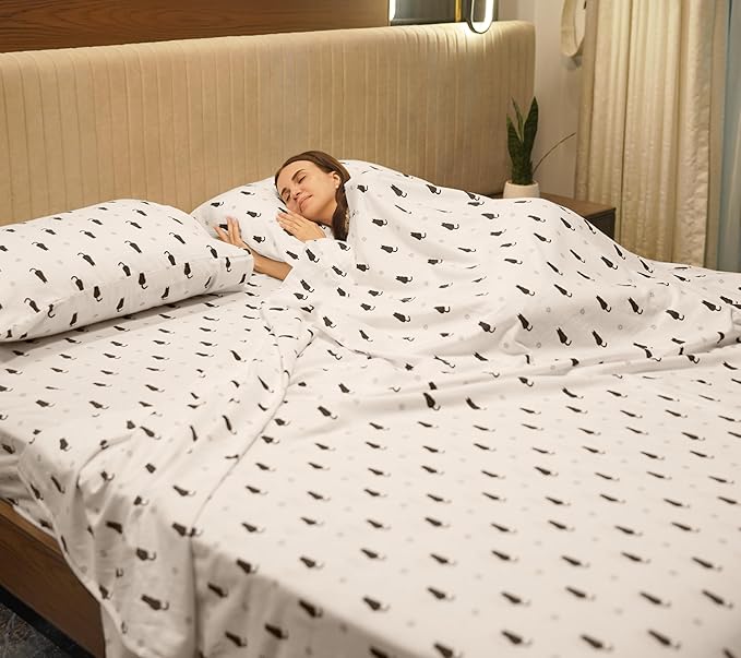 RUVANTI Flannel Sheets Twin Size - 100% Cotton Double Brushed Twin Sheets Set, Deep Pockets 16 Inches, All Seasons Breathable & Extra Soft Bed Sheets, Warm & Cozy, 3 Piece, Black Cat
