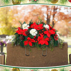 Christmas Cemetery Decorations for Grave Headstone Flower Saddle Artificial Flower Saddles Red Poinsettia Outdoor Memorial Headstone Realistic Bouquet(Red and White,Elegant Style)