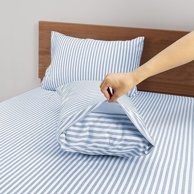 Mejoroom Striped Full Size Sheets - 1800TC Luxury Full Sheets with 16 Inch Deep Pocket - Premium Bedding Collection - Extra Soft, Breathable, Wrinkle, Fade & Stain Resistant - 4 Piece (Blue Stripe)