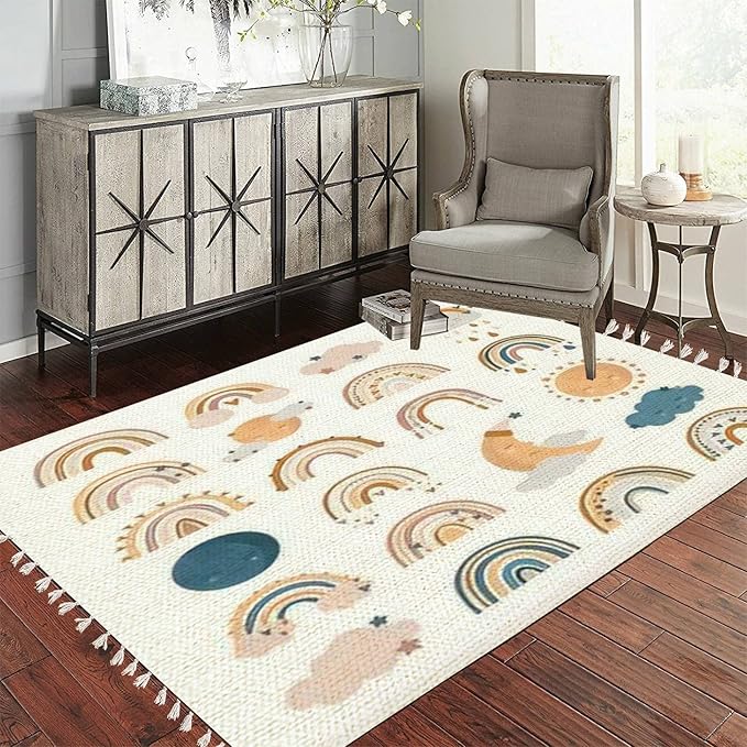 Boho Rug Hand Drawn Cute Rainbows Moon Sun Scandinavian Chic Area Washable Hallway Runner Meditation Mat Minimalist Home Decor for Living Room Bedroom Nursery Playroom Classroom, 3'x5
