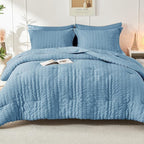 HYMOKEGE Mineral Blue Twin XL Comforter Set Seersucker 5 Pieces, All Season Luxury Bed in a Bag for Bedroom, Bedding Set with Comforter, Sheets, Pillowcase & Sham