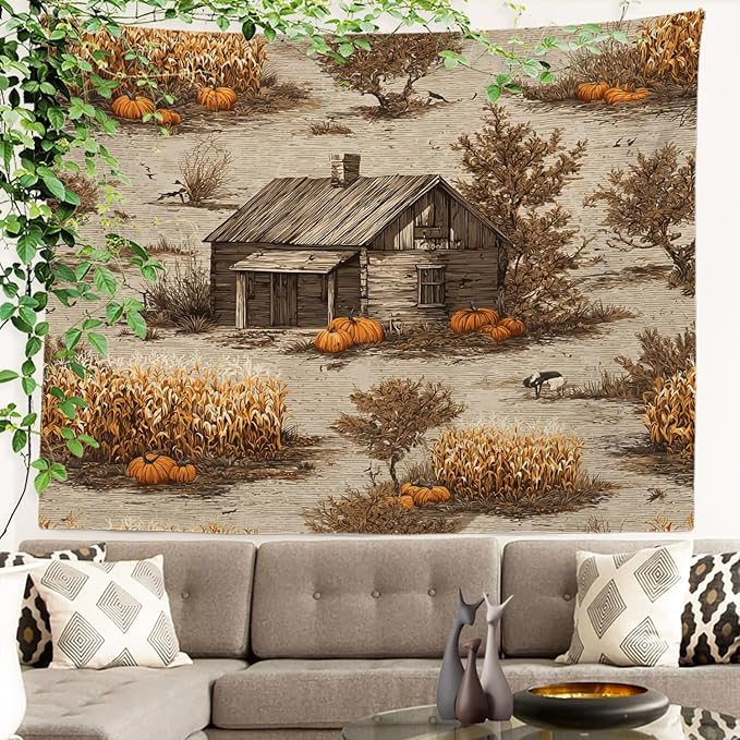 Batmerry Vintage Harvest Tapestry, Cabin In Pumpkin Field Wall Art Hanging Decoration Polyester Fiber White Ruffled Around for Dorm Room Bedroom Living Room, 59.1x82.7 inches