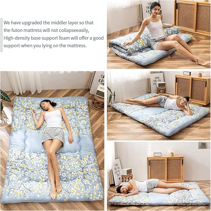 MAXYOYO Little Floal Japanese Futon Floor Mattress, Bed Mattress Topper Portable Thick Sleeping Pad Floor Bed Roll Up Camping Mattress Folding Couch Bed Mattress Pad for Guest Room, Full Size