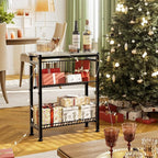 Narrow Side Table for Small Space, 3-Tier End Table with Magazine Holder, Slim Nightstand with Wire Shelf, Skinny Bedside Table in Living Room, Bedroom, Study, Kitchen and Balcony(Greige)