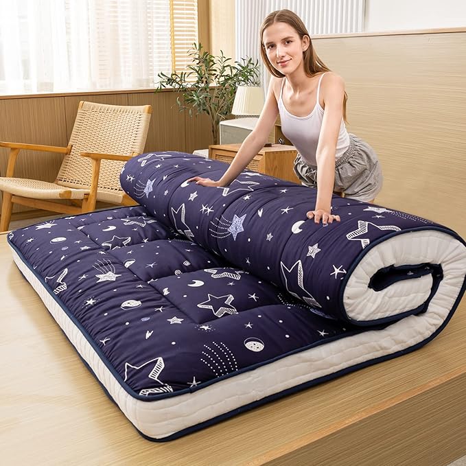 MAXYOYO Navy Star Futon Mattress, Padded Japanese Floor Mattress Quilted Bed Mattress Topper, Extra Thick Folding Sleeping Pad Breathable Floor Lounger Guest Bed for Camping Couch, Queen