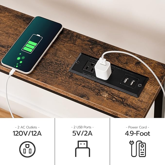 HOOBRO 63" Narrow Console Table with Charging Station, 5.9" Sofa Table with 2 Power Outlets and USB Ports, Long Entryway Tables Behind Couch Table, for Hallway, Living Room, Rustic Brown BF165UXG01