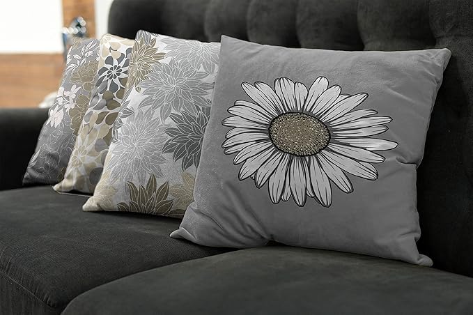 Ambesonne Floral Throw Pillow Cushion Case Pack of 4, Flower Petals Modern Color Palette Chamomile Peony Dahlia and Sunflower Print, Modern Accent Double-Sided Digital Printing, 24", Slate Brown Grey