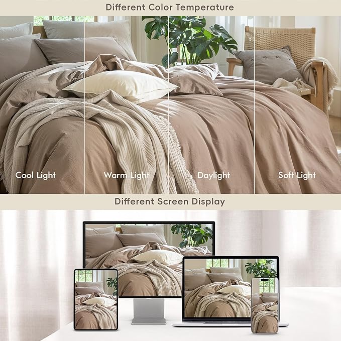 MooMee Bedding Duvet Cover Set 100% Washed Cotton Linen Like Textured Breathable Durable Soft Comfy (Solid Brown, Oversized King Plus 128"x120")