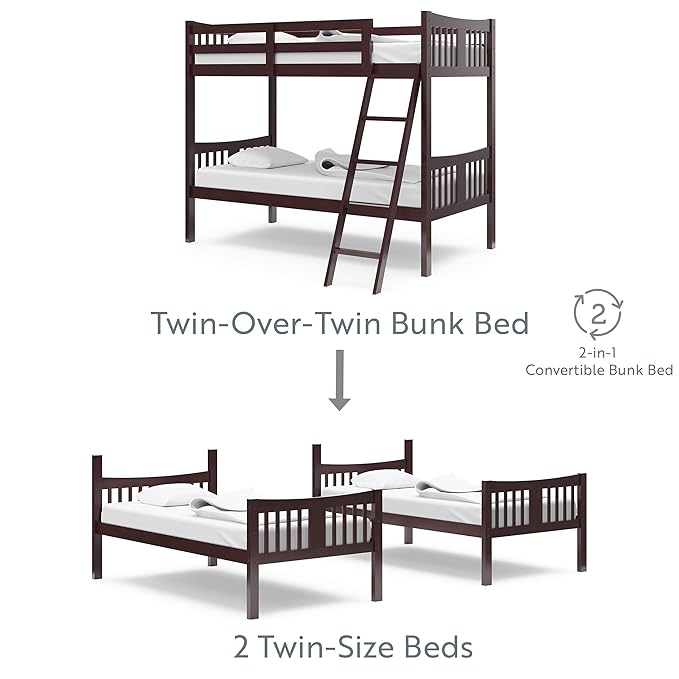 Storkcraft Caribou Bunk Bed Twin Over Twin Bunk Bed (Espresso) - GREENGUARD Gold Certified, Twin Bunk Beds for Kids, Converts to 2 Individual Twin Beds, Bunk Beds for Kids