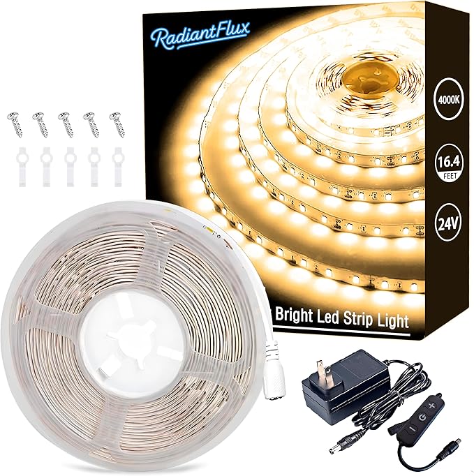 RadiantFlux 4000K 16.4Ft Led Strip Lights, Natural Light Strips Lights Indoor Use, Dimmable,Flexible, Super Bright LED Tape Lights for Living Room, Kitchen, Vanity Mirro