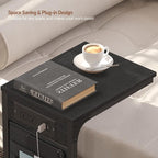 TUTOTAK C Shaped End Table with Charging Station, Side Table for Sofa and Couch with Storage, TV Tray Table with 2 USB Ports & Outlets - Black TB01BK024