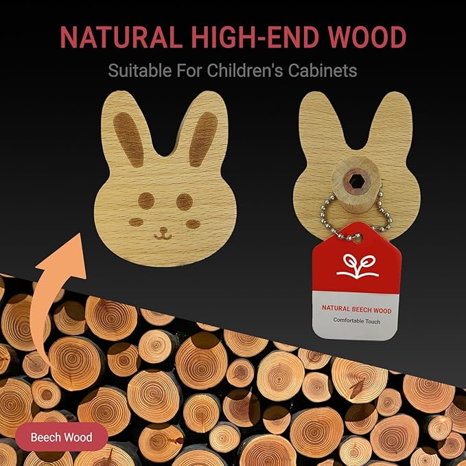 4PCS Wooden Rabbit Shaped Cabinet Knobs, Cabinet Handles, Single Hole Beech Wood Handles, Wood Hooks with Full Set of Screw Accessories