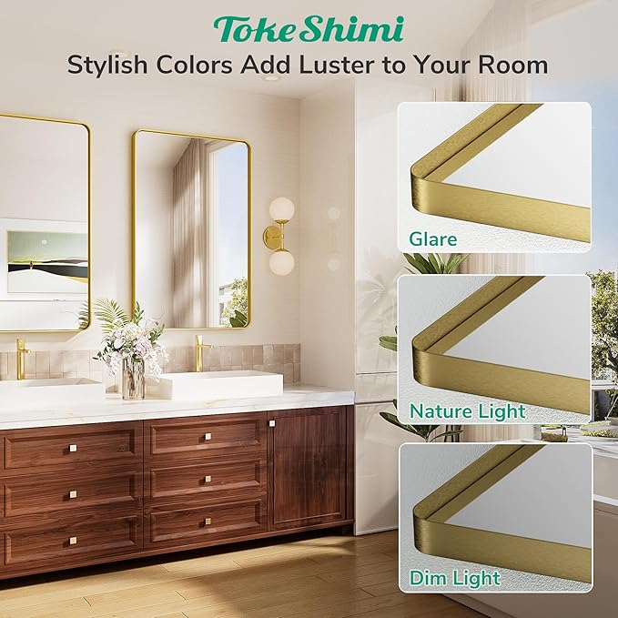 TokeShimi 16x20 Brushed Gold Bathroom Mirror,Vanity Mirror Bathroom Wall with Tempered Glass,Modern Metal Framed Mirror with Aluminum Frame(Horizontal/Vertical)