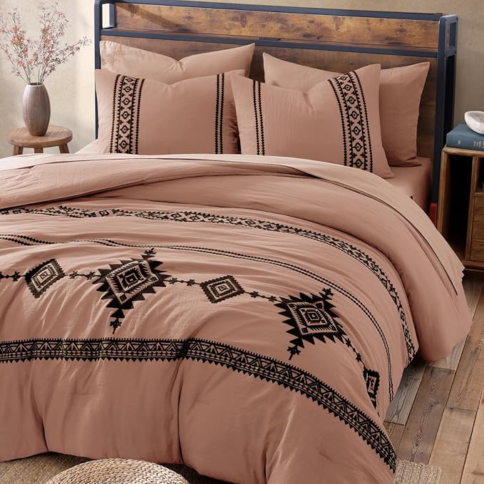 MaiRêve Embroidery Full Size Comforter Set Dusty Pink, Farmhouse Western Boho Bedding Set 7 Pieces, All Season Bed in A Bag Comforter Set with Sheets, Pillowcases & Shams