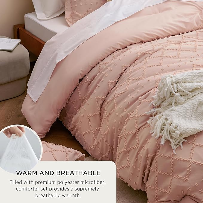 Bedsure Twin Comforter Set - Coral Pink Comforter, Boho Tufted Shabby Chic Bedding for Kids, 2 Pieces Vintage Farmhouse Bed Set for All Seasons, Fluffy Soft Bedding with 1 Pillow Sham