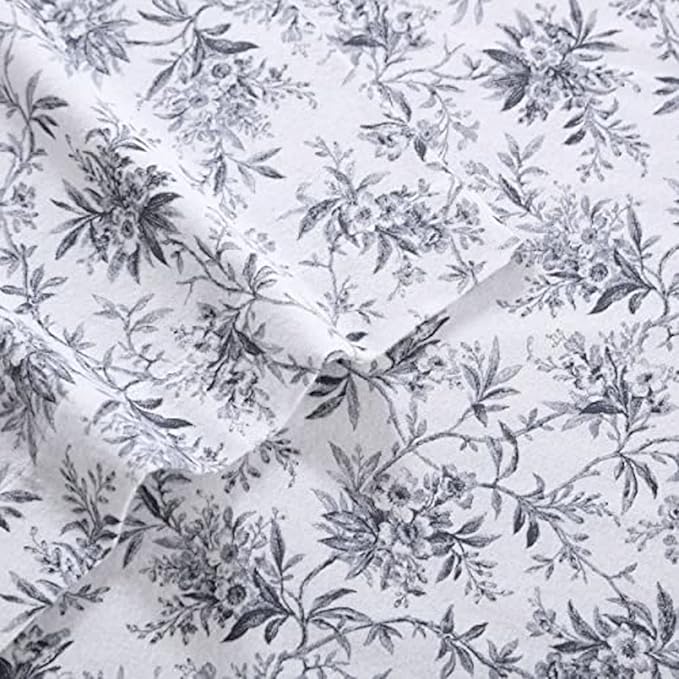 Laura Ashley - Flannel Sheets Twin Size, Anti-Pilling & Wrinkle Resistant Cotton, Touchably Soft for All-Season Comfort - Bed Sheets with Matching Pillowcase & Fitted Sheet (Faye Toile Black)