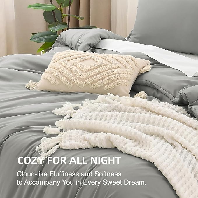 Litanika Comforters Medium Gray Full Size, 3 Pieces Lightweight Solid Bedding Set & Collections, All Season Fluffy Bed Set (79x90In Comforter & 2 Pillowcases)