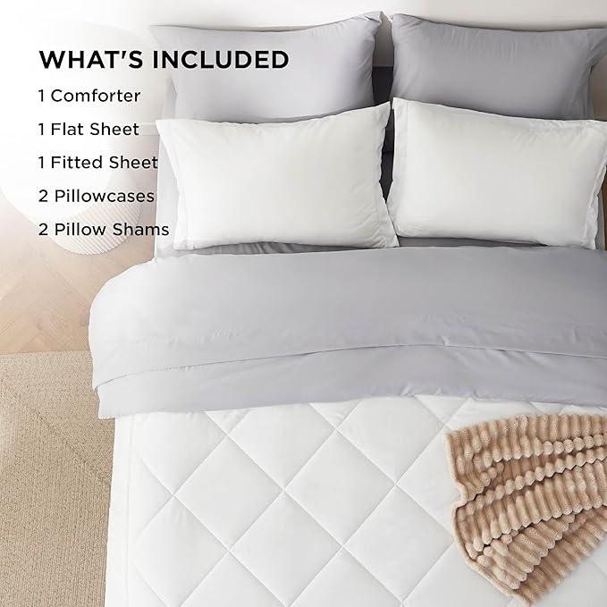 Bedsure Queen Comforter Set - 7 Pieces Reversible White and Grey Bedding, Queen Bed Set for All Seasons, Bed in a Bag with Down Alternative Comforter, Grey Sheets, Pillowcases & Shams