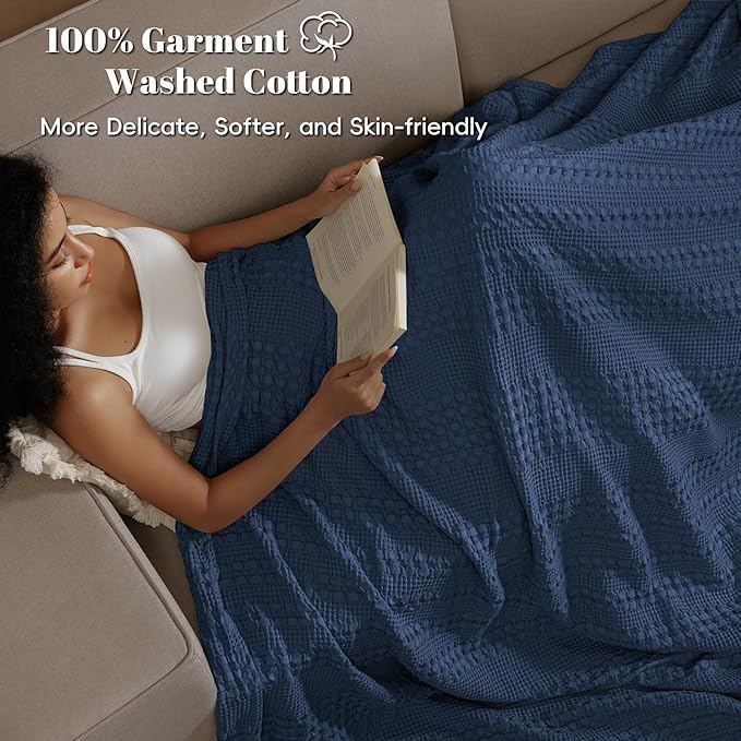 PHF 100% Cotton Waffle Weave Blanket Twin Size for Bed, Soft Lightweight & Breathable, All-Season Comfort, Luxury Aesthetic Woven Bedding for Home Decor, 66"x90", Blue Sapphire