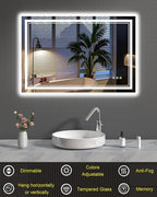 48x32 Inch LED Lighted Bathroom Mirror, Light Up Bathroom Vanity Mirror Unbreakable with 2 Front Lights & Back Lit, 3 Colors Stepless Dimmable, Anti-Fog, Memory Function, Closable Blue Buttons