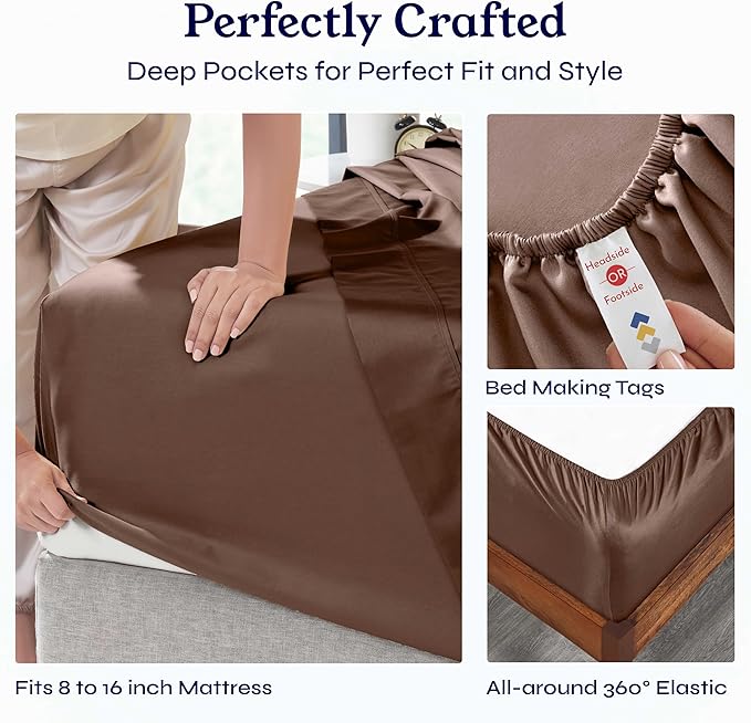 California Design Den Queen Sheet Set - Soft 400 Thread Count Sateen, Natural 100% Cotton Sheets for Queen Size Bed with Deep Pockets, Cooling and Durable Bedding Set - Espresso Chocolate Brown