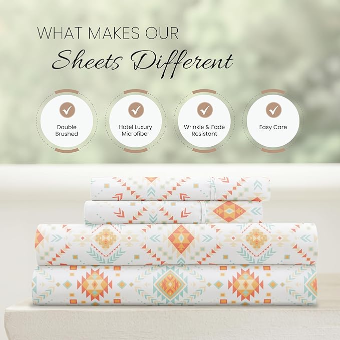 Linen Market Double-Brushed Patterned Microfiber California King Sheet Set 4 Piece – Oeko-TEX Certified Ultra Soft & Wrinkle-Free - 16" Deep Pocket Sheets Easy Care Cal-King Size - Aztec Dreams Coral