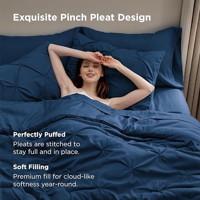 Bedsure King Size Comforter Set - Bedding Sets King 7 Pieces, Pintuck Bed in a Bag Navy Blue Bed Set with Comforter, Sheets, Pillowcases & Shams