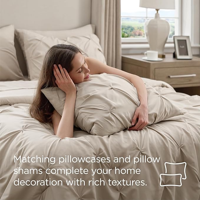 Bedsure Queen Comforter Set Beige - Bed in a Bag Queen Size Bedding 7 Pieces, GentleSoft™ Pintuck Bed Set Gift for Family, Pinch Pleat All Season Comforter with Sheets, Pillowcases & Shams