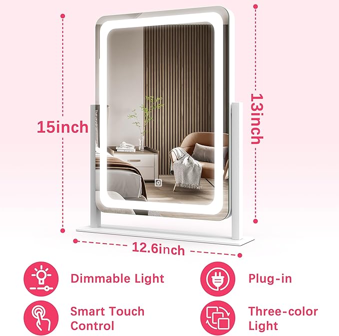 Vanity Mirror with Lights, 12.6"×15" LED Makeup Mirror, Lighted Makeup Mirror with Lights, Smart Touch Control Dimmable 3 Modes Light, Lighted Up Mirror for Makeup Desk, Bedroom, Dressing Room