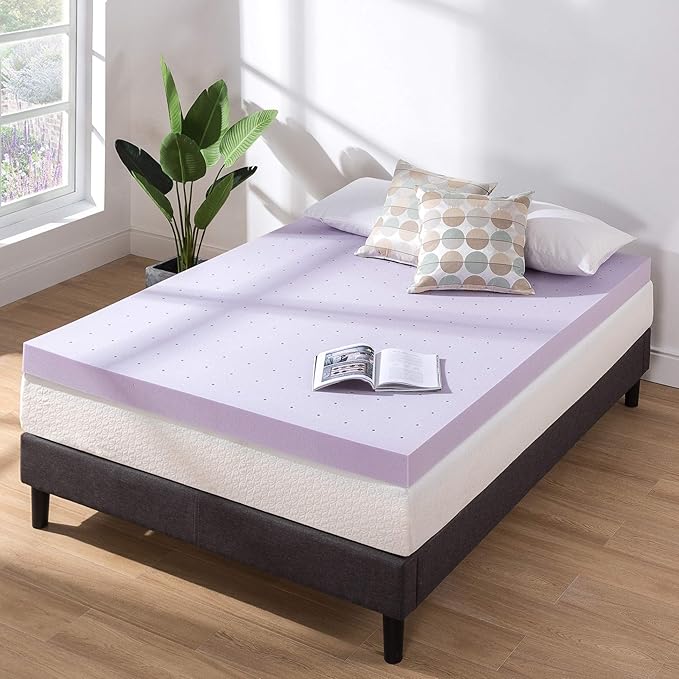 Mellow 4 Inch Ventilated Memory Foam Mattress Topper, Soothing Lavender Infusion, CertiPUR-US Certified, Short Queen
