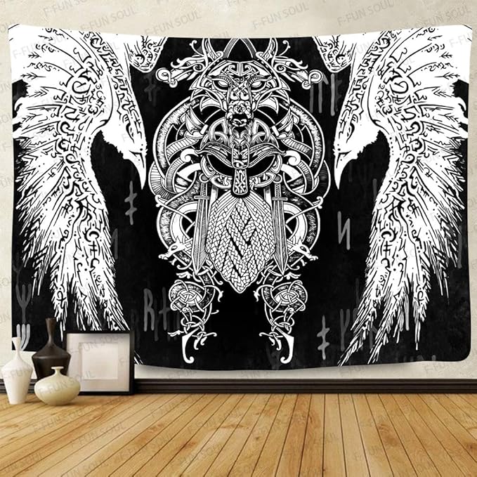 F-FUN SOUL Vikings Tapestries Norse Warriors Tapestry 80x60inches Scandinavian Tapestry Twins Ravens Nordic Viking Odin Wall Hanging Tapestries for Living Room Bedroom Viking Decor GTLSFS411