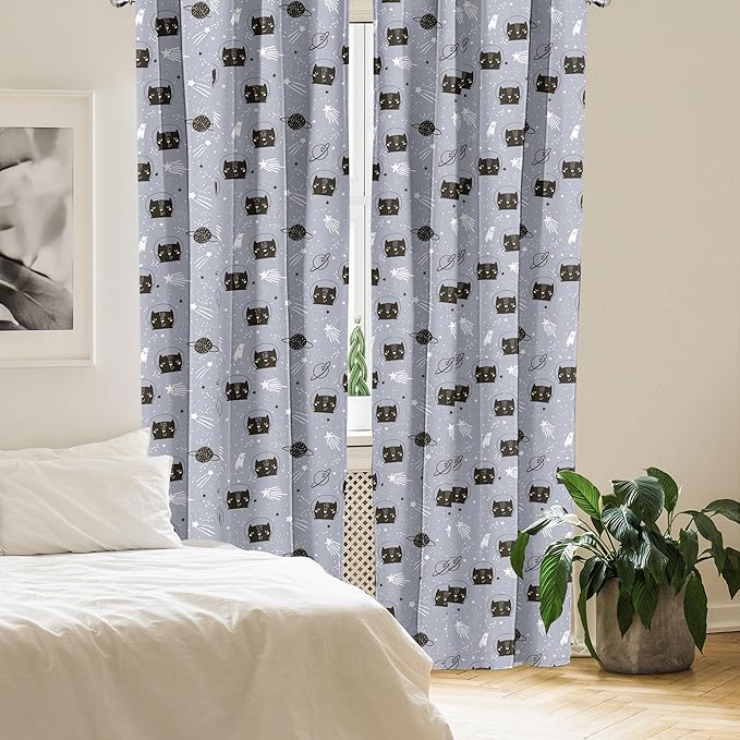 Ambesonne Outer Space Window Curtains, Astronaut Cats Exploring The Universe on Dotted Background, Lightweight Decor 2-Panel Set with Rod Pocket, Pair of - 28" x 95", Purple Grey