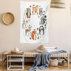 Lunarable Woodland Tapestry, Animals of The Forest Mushrooms Acorns Circular Frame Cartoon Pastel Colors, Wall Hanging for Bedroom Living Room Dorm Decor, 60" X 80", Multicolor