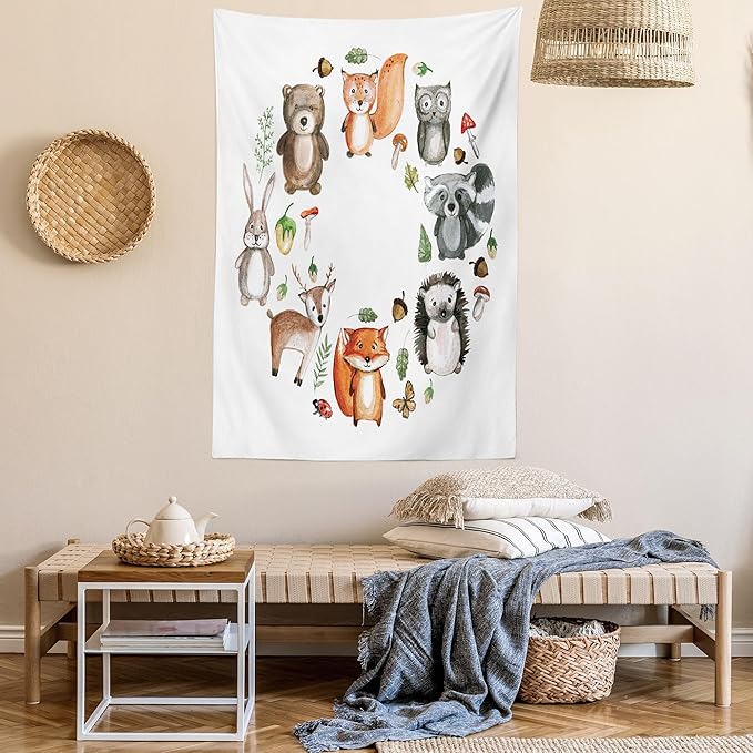 Lunarable Woodland Tapestry, Animals of The Forest Mushrooms Acorns Circular Frame Cartoon Pastel Colors, Wall Hanging for Bedroom Living Room Dorm Decor, 60" X 80", Multicolor