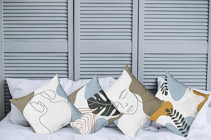 Ambesonne Minimal Throw Pillow Cushion Case Pack of 4, Modern Line Art Woman Portrait with Contemporary Leafy Geometric Details, Modern Accent Double-Sided Digital Printing, 24", Baby Blue Taupe Amber